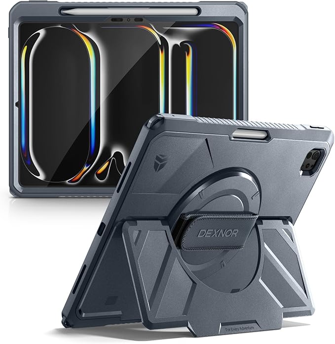 Dexnor for iPad Pro 13 inch Case M5 2025/M4 2024, Rugged Protective Case with 360° Rotating Hand Strap & Large Steady Stand & Screen Protector & Pencil Holder Shockproof Full-Body Bumper Cover,Blue
