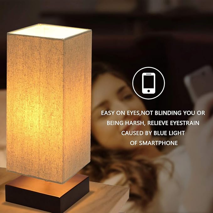 Touch Control Table Lamp Bedside 3 Way Dimmable Touch Desk Lamp Modern Nightstand Lamp with Square Fabric Lamp Shade Simple Night Light for Bedroom Living Room Office, Led Bulb Included
