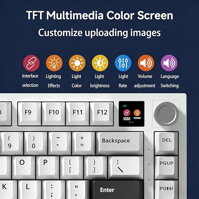 FKZ K75 Mechanical Keyboard with Knob Screen,75% Hot Swap Tri-Mode Bluetooth 5.0/2.4G Wireless/Type-C Wired RGB Gaming Keyboard PCB Gasket Mount Custom Creamy Blue&White Keyboard