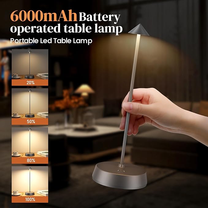 Rechargeable Cordless Small Table Lamp,6000mAh Battery Operated,LED Touch Dimmable Modern TableTop,Portable Outdoor Wireless Bedside Night Light for Restaurant/Dining/Bedroom/Living Room/Coffee(Grey)