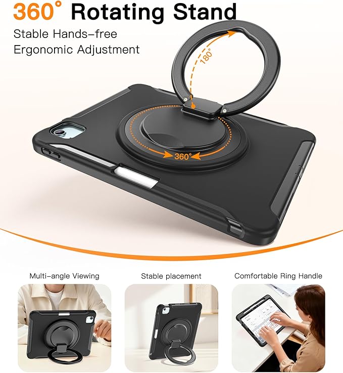 BATYUE Shockproof Case for iPad Air 11" M2/M3/M4, Air 4/5 10.9", iPad Pro 11" 1st-4th Gen 2018-2022 | 360° Multi-Angle Stand (Portrait & Landscape) & Grip, Built-in Pencil Holder, Black