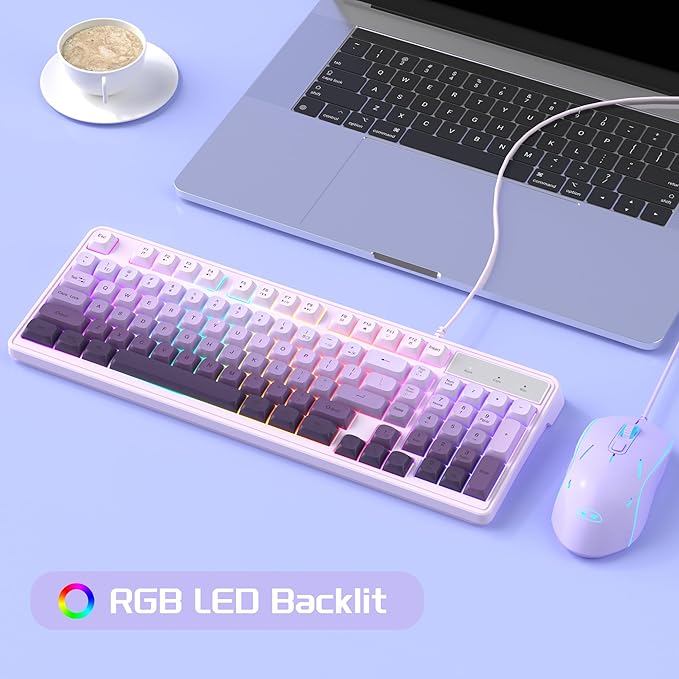 MageGee Gradient Purple Creamy Keyboard and Mouse Combo,MageGee GK980 Wired RGB Backlit Keyboard and Gradient Purple Gaming Mouse Combo,PC Keyboard and Adjustable Sensitivity Mouse for PC/loptop/MAC