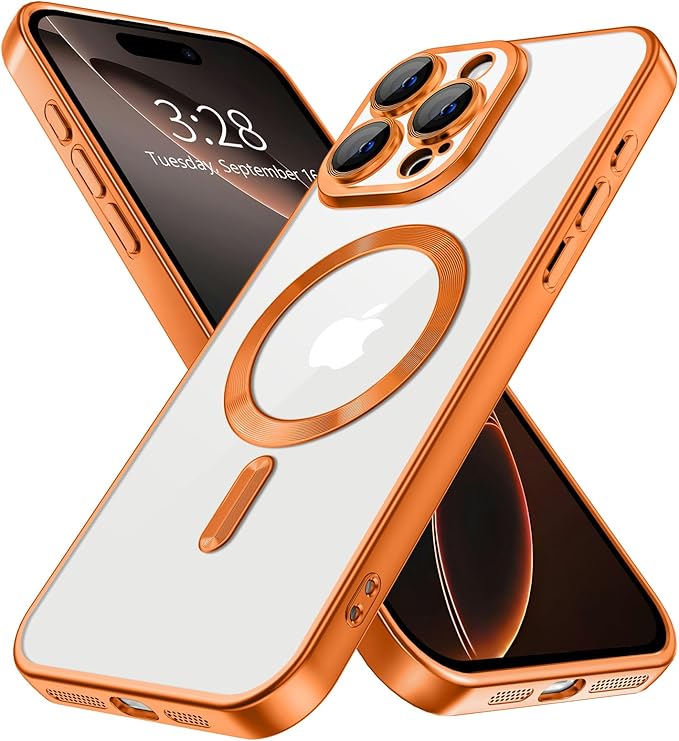 Hython Magnetic Clear for iPhone 16 Pro Max Case with Camera Lens Protector [Compatible with MagSafe] Plating Edge Slim Soft TPU Cover Protective Phone Case for iPhone 16 Pro Max 6.9", Matte Orange