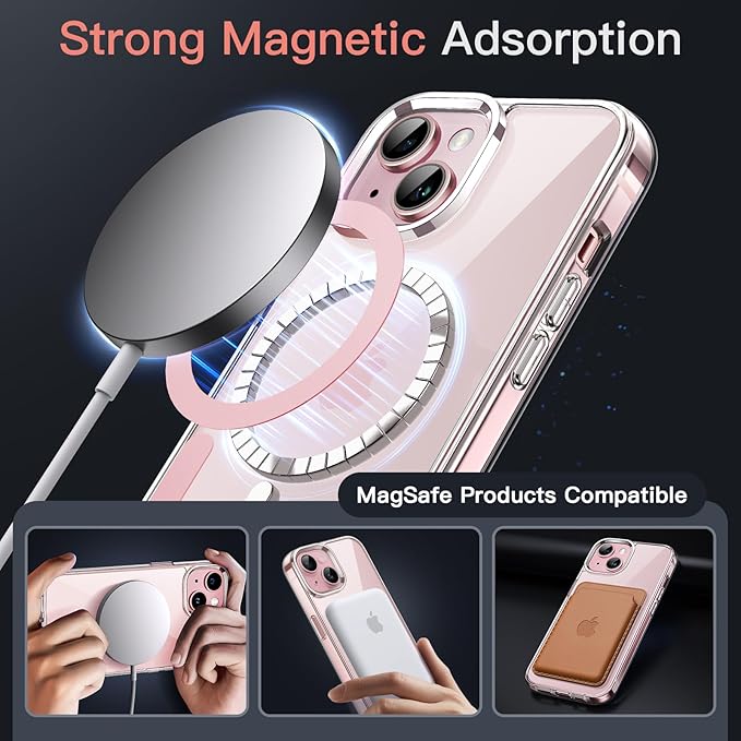 JETech Magnetic Case for iPhone 15 6.1-Inch Compatible with MagSafe Wireless Charging, Shockproof Phone Bumper Cover, Anti-Scratch Clear Back (Clear/Pink)