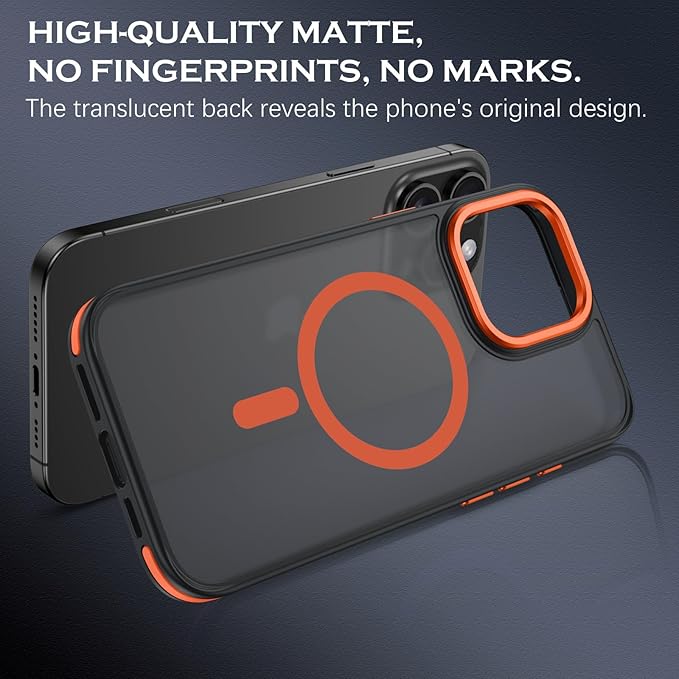 YINLAI Case for iPhone 16 Pro Max, Magnetic Case [Compatible with Magsafe] Supports Wireless Charging Slim Translucent Matte Men Women Shockproof Protective Back Phone Cover 6.9 Inch, Black/Orange