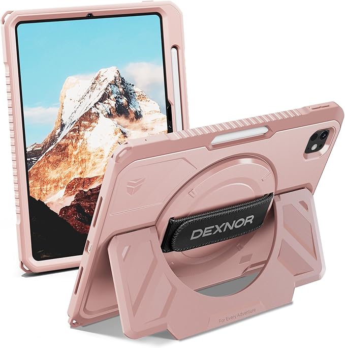Dexnor for iPad Pro 11 inch Case M5 2025/M4 2024, Rugged Protective Case with 360° Rotating Hand Strap & Large Steady Stand & Screen Protector & Pencil Holder Shockproof Full-Body Bumper Cover, Pink