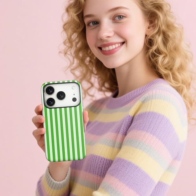 Magnetic for iPhone 17 Pro Case Cute Stripes Phone Case, Shockproof Slim TPU and Hard PC Protective Phone Cover Compatible with MagSafe Designed for Women Girls, Deep Green