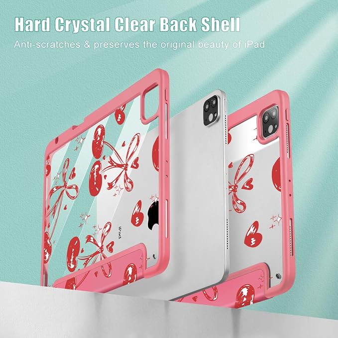 Mektron Case for iPad Pro 11 inch (4th, 3rd, 2nd & 1st Gen) 2022 2021 2020 2018, Buit in Pencil Holder with Shockproof Cover Clear Shell + Trifold Stand + Auto Wake/Sleep, Cherries Bows C388