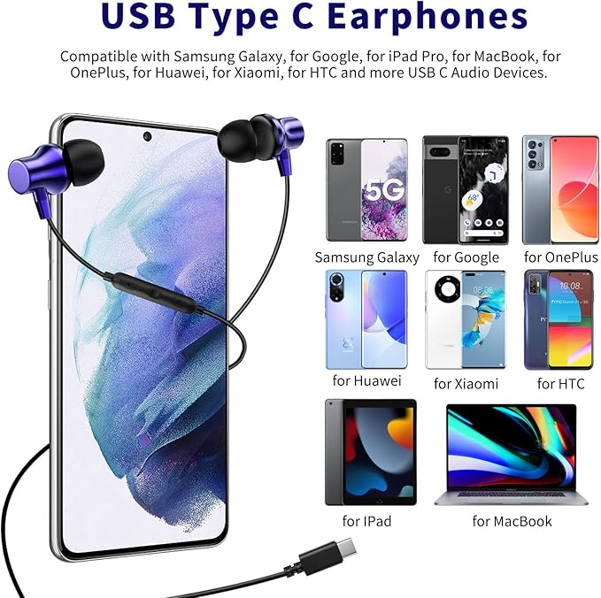 COOYA USB C Headphone Type C Wired Earbuds Bass Stereo Magnetic for iPhone 17 16 Pro Max 15 Plus iPad 11 Pixel 9 8 Noise Canceling in-Ear Earphone+Mic for Samsung S26 S25 Ultra S24 A16 for OnePlus 13