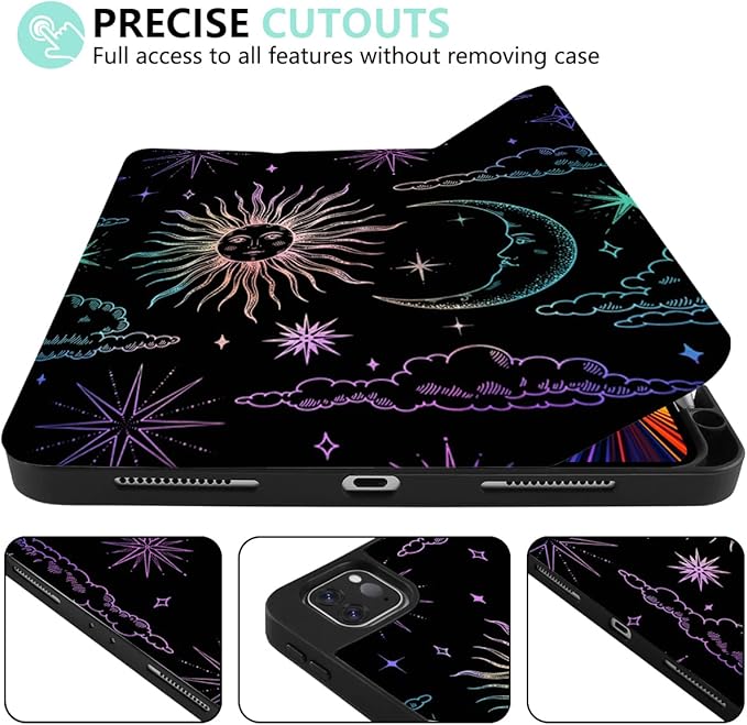 DONGKE Case for 2022/2021/2020/2018 iPad Pro 11 inch Gen 4/3/2/1 - Slim Protective Case - Built in Pencil Holder Support Charging - Trifold Stand & Sleep/Wake Cover - Sun & Moon