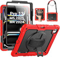 SEYMAC Case for iPad Pro 13 Inch M5 2025 / M4 2024, Heavy Duty Shockproof Protective Case with Screen Protector, 360° Rotating Stand, Hand/Shoulder Strap and Pen Holder, Red