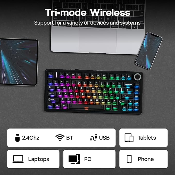 EPOMAKER x Aula F75 Ultra Wireless Gaming Keyboard with Knob, 10000mAh, Hot Swap, RGB, PBT Keycap, Creamy Sound, VIA, 75% Mechanical Keyboard for Win/Mac (Black, Pink Mint)