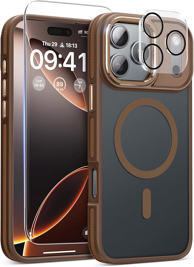Magnetic 3 in 1 for iPhone 17 Pro Case, [Omni-Directional Protection] with 1x Screen Protector + 1x Camera Cover, [Seamless Work with Magsafe] Shockproof Slim Thin Matte Case for iPhone 17 Pro Brown