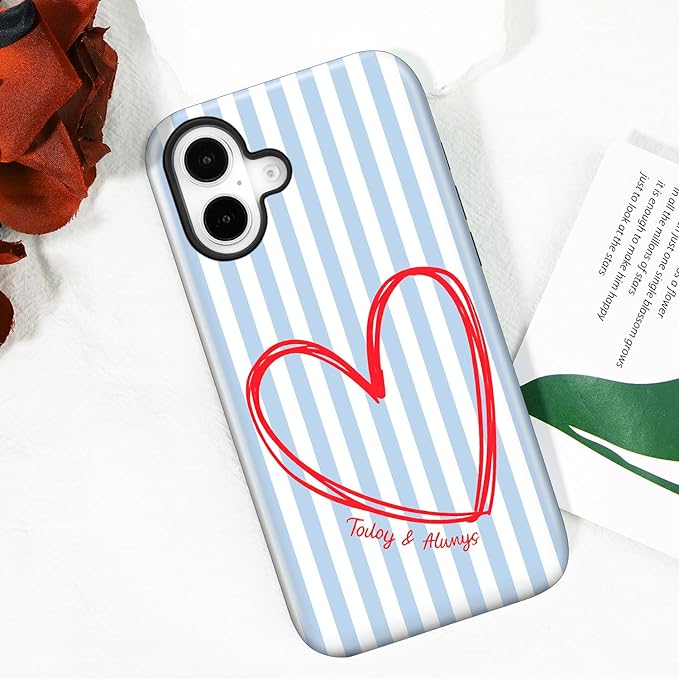 Magnetic for iPhone 16 Case Cute Blue Heart Stripes Phone Case, Love Shockproof Slim TPU and Hard PC Protective Phone Cover Compatible with MagSafe Designed for Women Girls