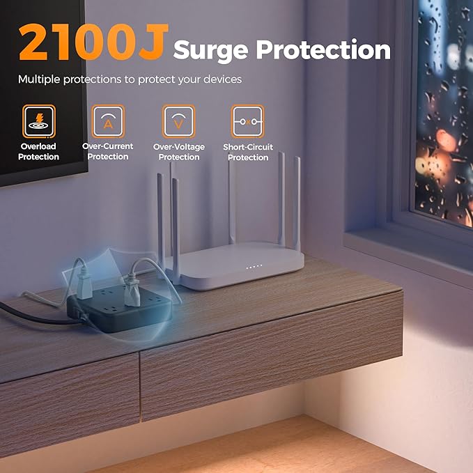 TESSAN 10Ft Black Extension Cord with Multiple Outlets, Surge Protector Power Strip with 6 Outlets and 4 USB Ports (2 USB C), 2100 Joules Protection, Flat Plug, Outlet Extender for Home, Office, Dorm