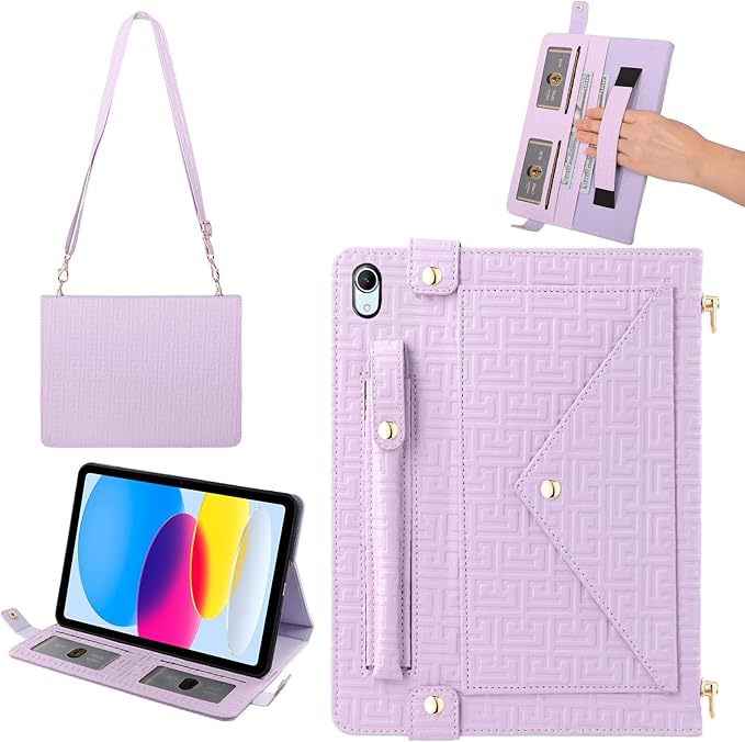 Handbag Case for iPad 11th Gen A16 2025/10th Gen 2022 10.9-inch, Techcircle Elegant Crossbody Folio Stand Wallet Case with Pencil Holder, Card Slots, Hand Strap, Shoulder Strap, Lavender