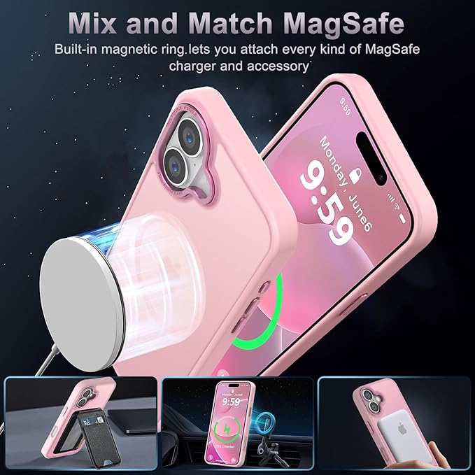 Newfuture Designed for iPhone 16 Case with Magnetic [13 FT Military Drop Protection] [Compatible with Magsafe] Slim Translucent Matte Shockproof with Anti-Fingerprint Phone Case, Tender Pink