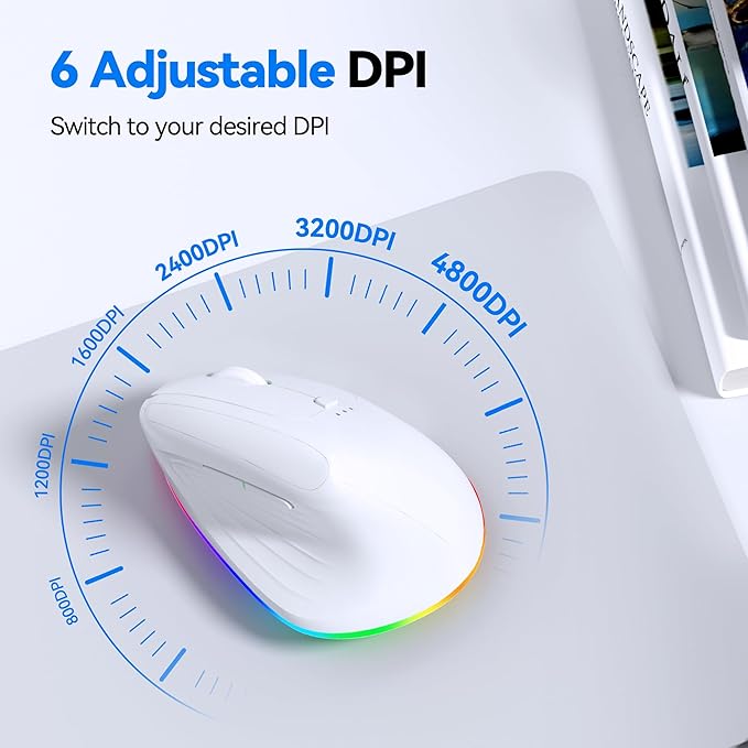 TECKNET RGB Wireless Ergonomic Mouse Rechargeable - USB+Bluetooth Multi-Device LED Vertical Mouse with 11 RGB Backlight Modes, 4800 DPI Adjustable, Ergo Mice for Windows and Mac, White