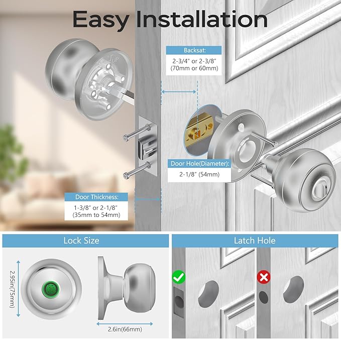 GeekTale Fingerprint Door Lock for Bedrooms, Fingerprint Door Knob with Lock, Smart Door Lock, App Control, Back-up Keys, Thumbprint Door Knob for Bedrooms, Office, Apartment