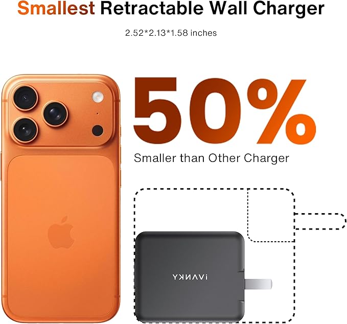 4-in-1 Retractable GaN 45W Wall Charger Plug for iPhone 17, Travel Essentials Brick Multiport Dual 31.5" Cables (USB C+Lightning) Adapter Fast Charging Block for iPhone 17/16/15/14/13/12,MacBook Neo