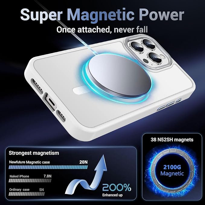 Newfuture Designed for iPhone 16 Pro Case with Magnetic [13 FT Military Drop Protection] [Compatible with Magsafe] Slim Translucent Matte Shockproof with Anti-Fingerprint Phone Case,Frosted White