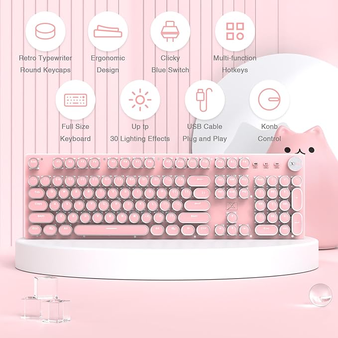 Typewriter Style Retro Wired Mechanical Gaming Keyboard, Vintage Steampunk with White LED Backlit, 104-Key Anti-Ghosting Blue Switch Cute Keyboard, Round Keycaps Knob Control for PC/Win/Mac/Laptop