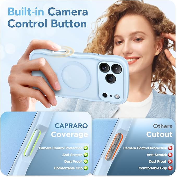 CAPRARO Magnetic for iPhone 17 Pro Max Case for Women Girls, Upgraded [Full Camera Protection] [Compatible with MagSafe] Cute Wave Translucent Matte Phone Case for iPhone 17 Pro Max, Light Blue