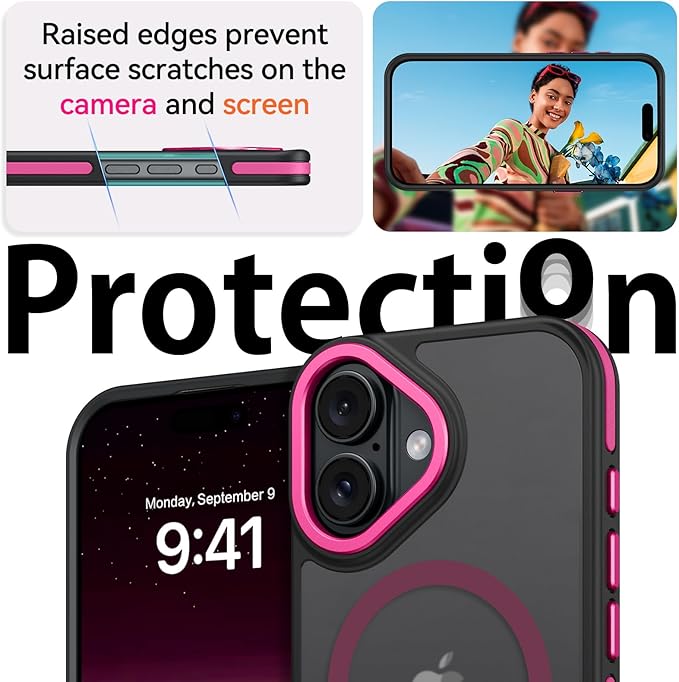 BENTOBEN Magnetic for iPhone 17 Case 2025 [Compatible with Magsafe] [Military-Grade Protection] Matte Women Men Anti-Slip Shockproof Bumper Phone Cases for iPhone 17 6.3", Hot Pink/Black