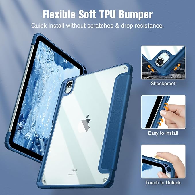 Fintie Hybrid Slim Case for iPad Mini 7 (A17 Pro, 7th Generation) 2024 / iPad Mini 6 (6th Gen) 8.3 Inch, [Built-in Pencil Holder] Shockproof Cover Clear Transparent Back Shell, Marine Blue