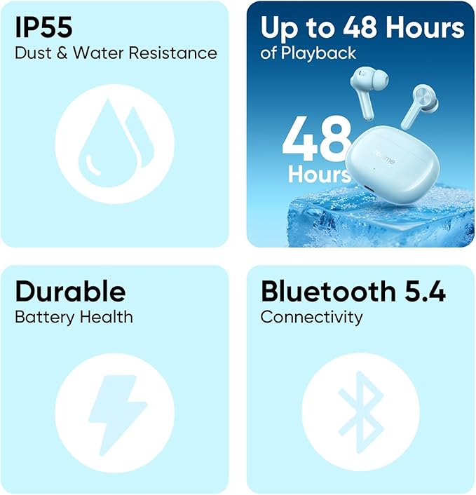 realme Buds T200x True Wireless Earbuds with 12.4mm Dynamic Bass Drivers, 25 dB ANC, Quad Mic, 45ms Latency, Upto 48 Hrs Playback, Fast Charge, IP55 Rated, BT 5.4 - (White)