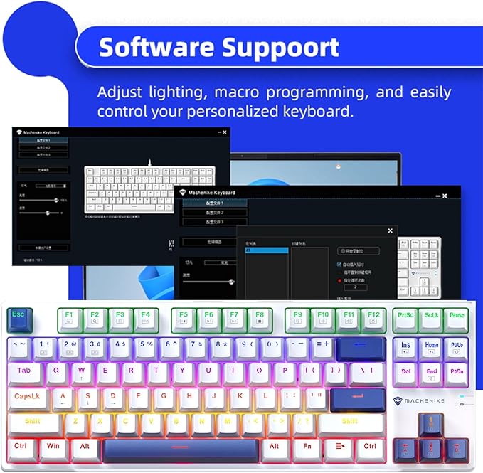 Machenike K500B-B87 75% TKL Mechanical Wired Gaming Keyboard, 87 Keys Compact Hot Swappable Linear Red Switch with Number Pad, Dynamic RGB Backlit, Anti-Ghosting, Double-Shot PBT Keycaps, White/Blue