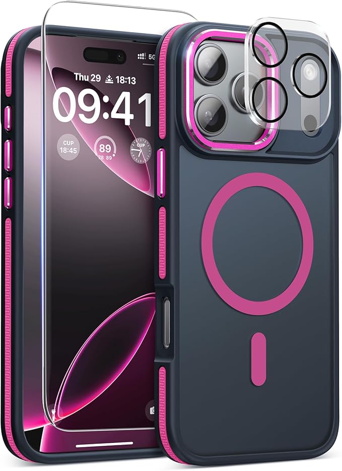 Magnetic 3 in 1 for iPhone 17 Pro Max Case, [Omni-Directional Protection] with 1x Screen Protector + 1x Camera Cover, [Seamless Work with Magsafe] Protective Silm Case for iPhone 17 Pro Max Hot Pink