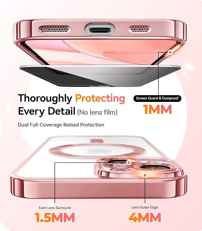 Meifigno for iPhone 15 Case 6.1, [Glitter Card & Wrist Strap], 1X HD+1X Privacy Screen Protectors, Compatible with MagSafe, Surround Camera Lens Protection for iPhone 15 Case, Rose Gold