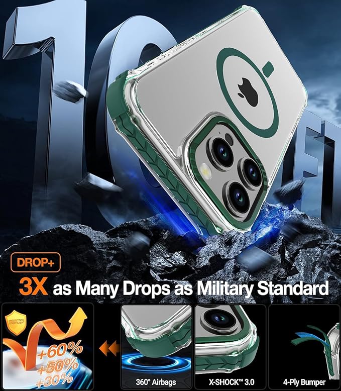 DEERLAMN Strong Magnetic Case for iPhone 16 Pro Max 6.9-Inch,[Compatible with Magsafe][Military Grade Drop Protection] Clear Slim Shockproof Protective Phone Cover-Transparent+Green