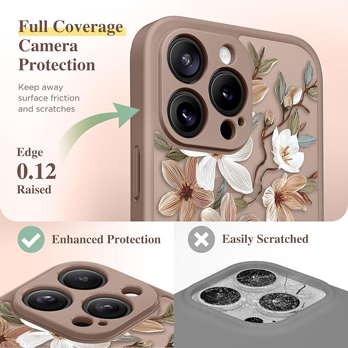 GVIEWIN for iPhone 15 Pro Max Case Compatible with MagSafe, [Military Grade Protection] [Screen Protector] Full Camera Protection Floral Translucent Women Magnetic Phone Case, Dogwood/Brown