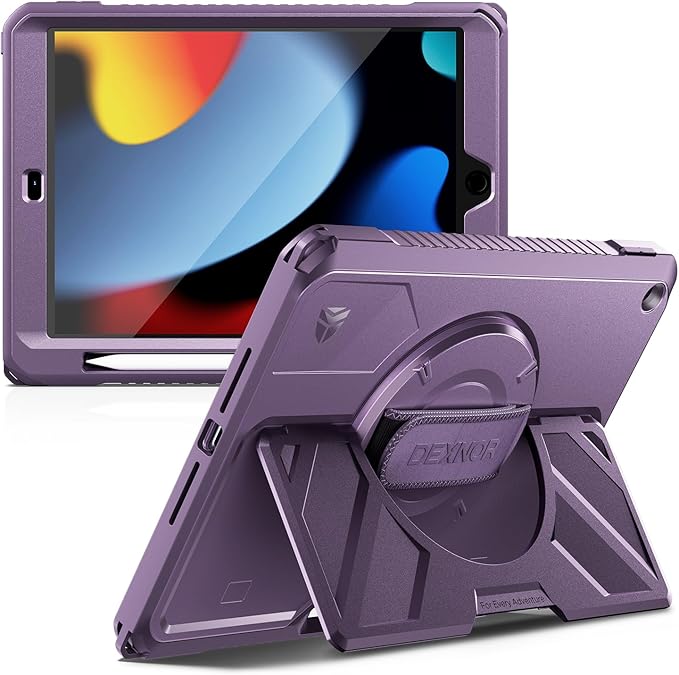 Dexnor Case for iPad 9th/8th/7th Generation 10.2 inch, Rugged Protective Case with 360° Rotating Hand Strap & Large Stand & Screen Protector & Pencil Holder Shockproof Full-Body Bumper Cover, Purple