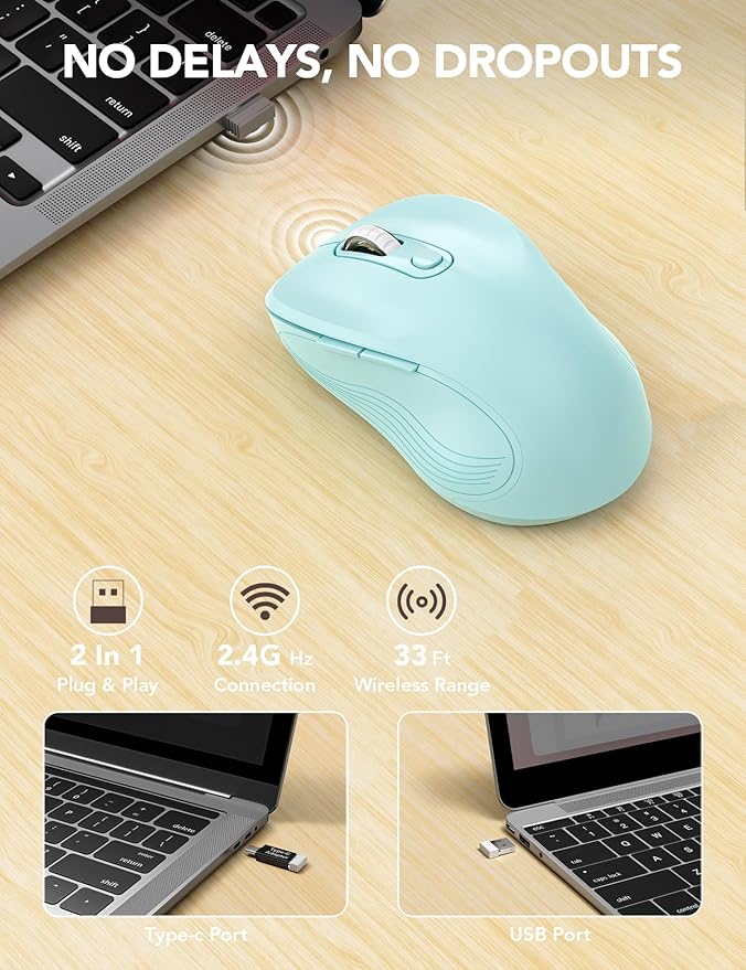 Trueque Wireless Mouse for Laptop, 2.4GHz Ergonomic Computer Mouse with Back & Forward Buttons, 3 Adjustable DPI Levels, 6 Buttons, Optical USB Cordless Mice for Windows PC, M01 (Light Blue)