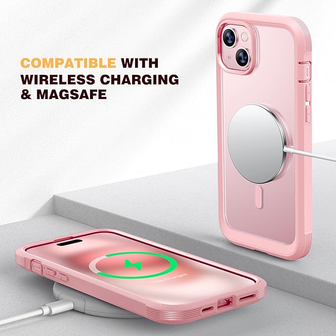 Diaclara Designed for iPhone 15 Plus Case 6.7'', [Compatible with MagSafe] Full Body Rugged Magnetic Case w/Built-in Sensitive Anti-Scratch Screen Protector+Glass Camera Lens Protector,Coral Pink