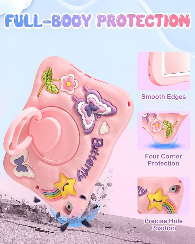 Kidcube for iPad 5th/6th Generation Case, for iPad Air 1st/2nd Gen, for iPad Pro 9.7 Inch Case - Girls Cute Girly Kawaii 3D Butterfly Design Cover with Rotating Stand & Strap Silicone Teen Women Cases