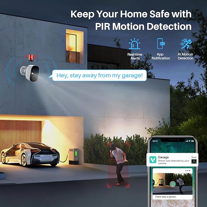 Security Cameras Wireless Outdoor Indoor, 2K Battery Powered WiFi Camera for Home Security, AI Motion Detection, Color Night Vision, IP66 Weatherproof, 2-Way Talk, Siren Alarm, SD/Cloud Storage