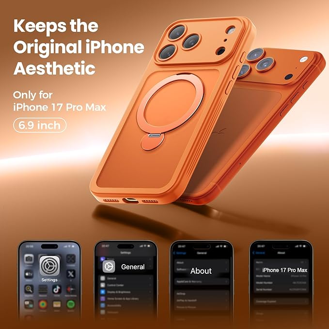 for iPhone 17 Pro Max Case [ 360° Spin Magnetic Stand] [Full Camera Protection] Compatible with Magsafe, 15FT Military-Grade Protection, Translucent Anti-Slip Phone Case 6.9'', Cosmic Orange