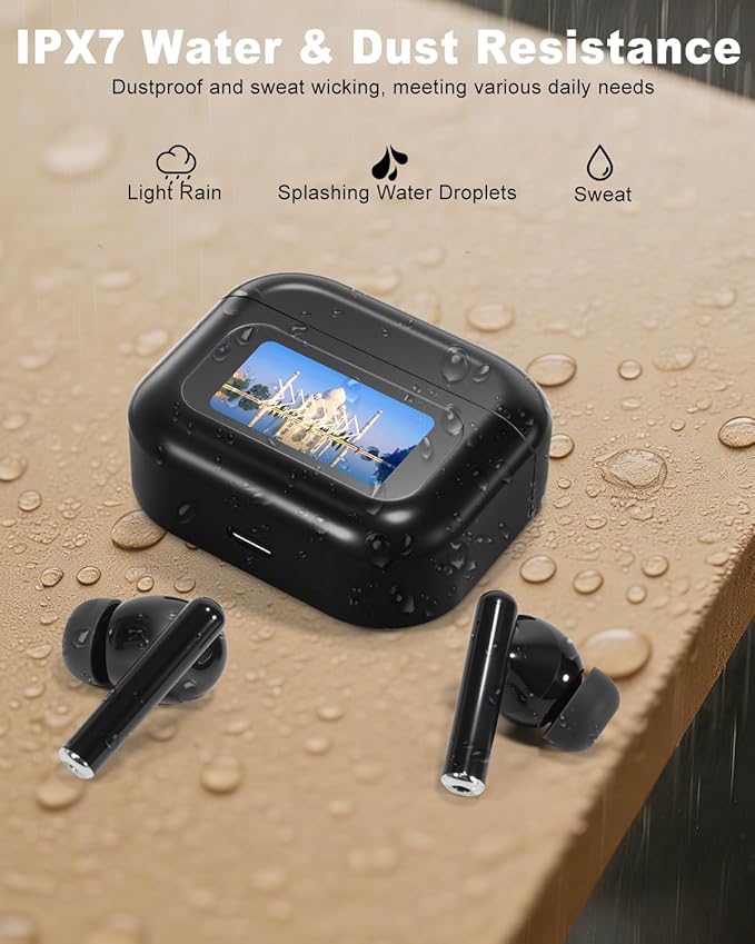 Bluetooth Earbuds with LED Touchsceen, IPX7 Waterproof Wireless Earphones, Hi-Fi Stereo & 68H Playtime, ANC ENC Noise Cancelling, for Work/Running/Trave (Black)