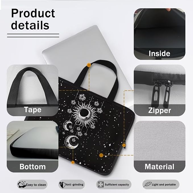 Sun Moon Stars Laptop Sleeve Case for Women Protective Soft Padded Zipper Cover Carrying Computer Bag Compatible with 10 Inch Notebook Chromebook Tablet, Galaxy Space, Black