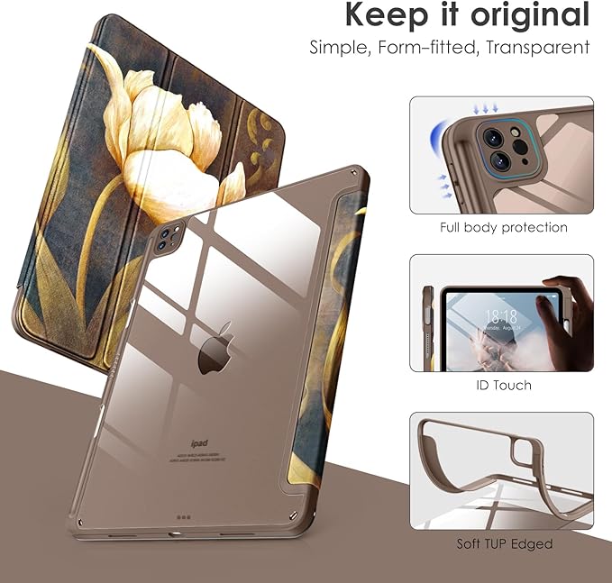 VIKESI for iPad Pro 11 Inch 4th/3rd/2nd/1st Generation Case, iPad Air 11-inch / 5th / 4th Generation Case with Clear Back,Pencil Holder,Auto Sleep/Wake,Camera Protection,Tulip