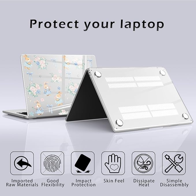 Compatible with MacBook Air 15 inch Case M5 M4 M3 M2 2026-2023 Release A3448 A3241 A3114 A2941, Cute Bunny Bow Flower Protective Hard Shell Clear Cover for Mac Air 15.3 inch