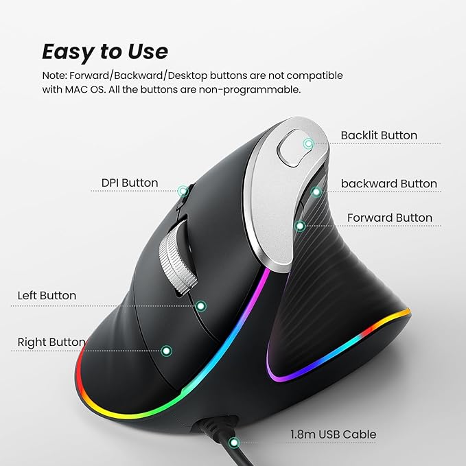 Nulea M504 Wired Vertical Mouse, USB Optical Ergonomic Mouse Wired with 4 Adjustable DPI, 11 RGB Backlight Modes, Compatible for Laptop, PC, Desktop, Mac, Black