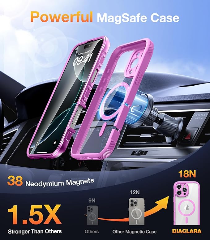 Diaclara Magnetic Designed for iPhone 16 Pro Max Case, Full Body Rugged with Touch Sensitive Anti-Scratch Screen Protector, Compatible with MagSafe, Soft Bumper Case for iPhone 16 Pro Max 6.9', Pink