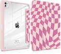 TWOLSKOO Case for iPad Pro 11-inch (M5 2025 / M4 2024), Clear Acrylic Back with TPU Bumper, Pencil Holder, Trifold Stand, Auto Sleep/Wake, Pink Wavy Checker
