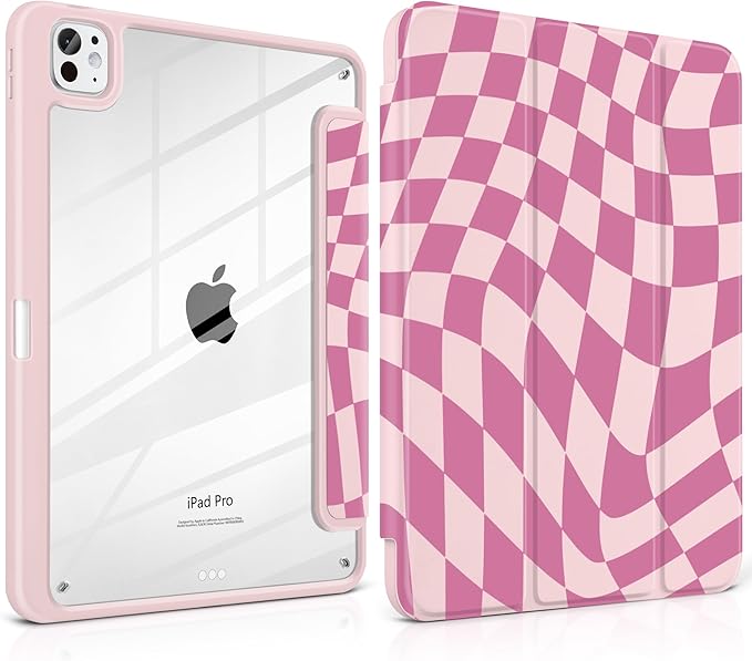 TWOLSKOO Case for iPad Pro 11-inch (M5 2025 / M4 2024), Clear Acrylic Back with TPU Bumper, Pencil Holder, Trifold Stand, Auto Sleep/Wake, Pink Wavy Checker