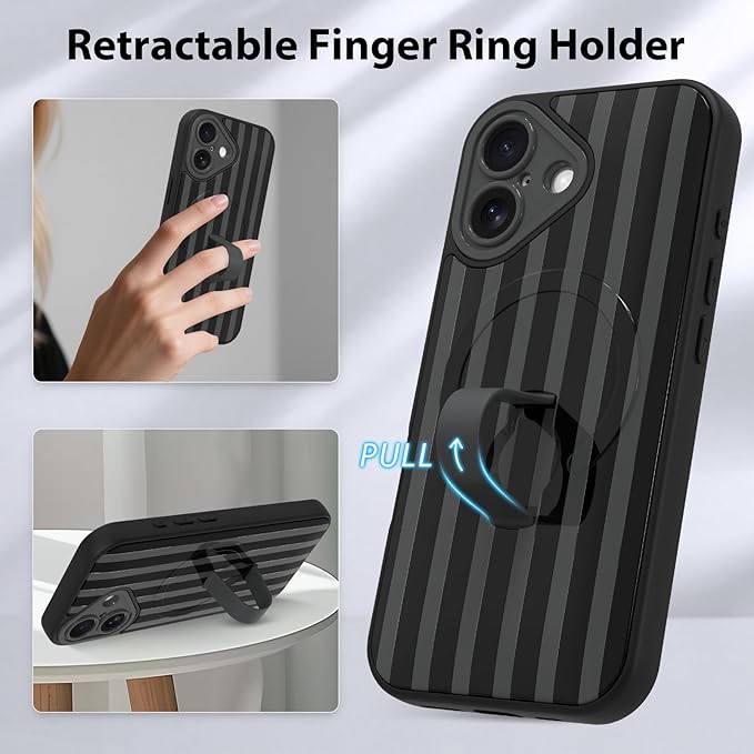 KANGHAR Compatible with iPhone 17 Case, Support for MagSafe, Silicone Stripes Cute Pattern, Wristband Kickstand Camera Protection Soft Slim Cover for Girls Women -Black